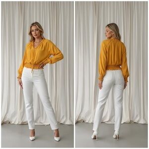 Andthewhy Mustard Smocked V-Neck Blouse top size m